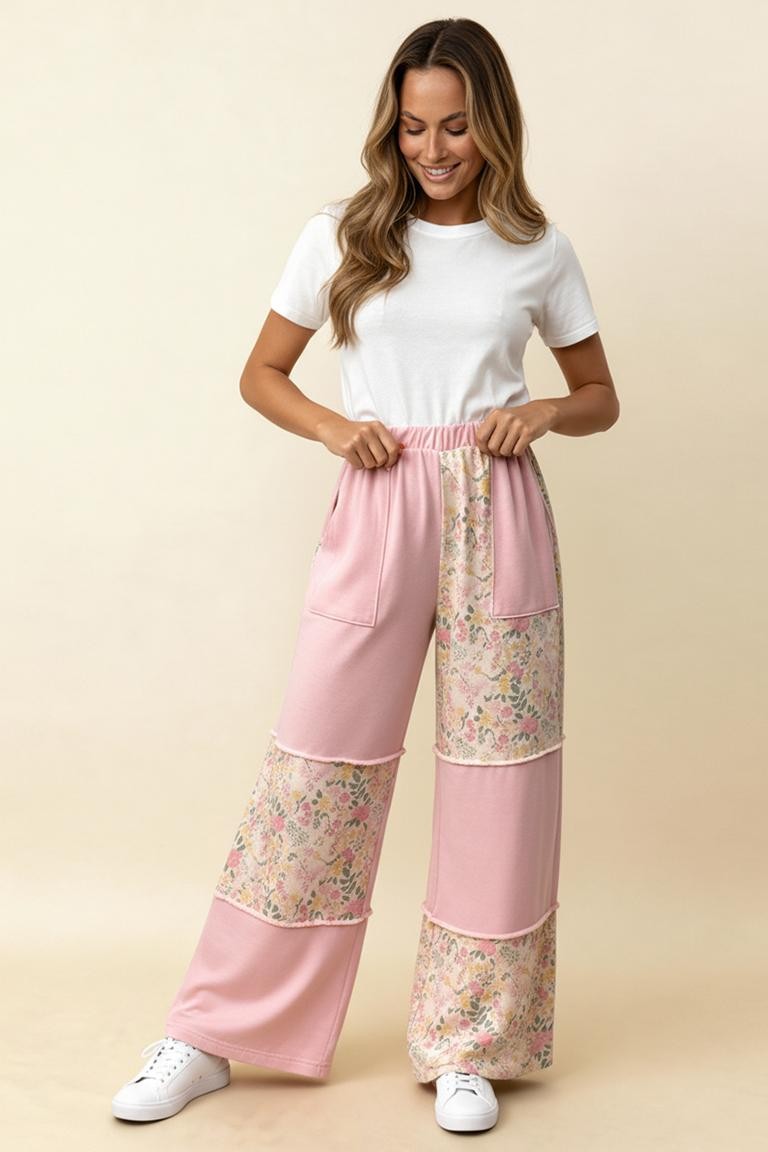 Curvy Light Pink Color Block Floral Pants