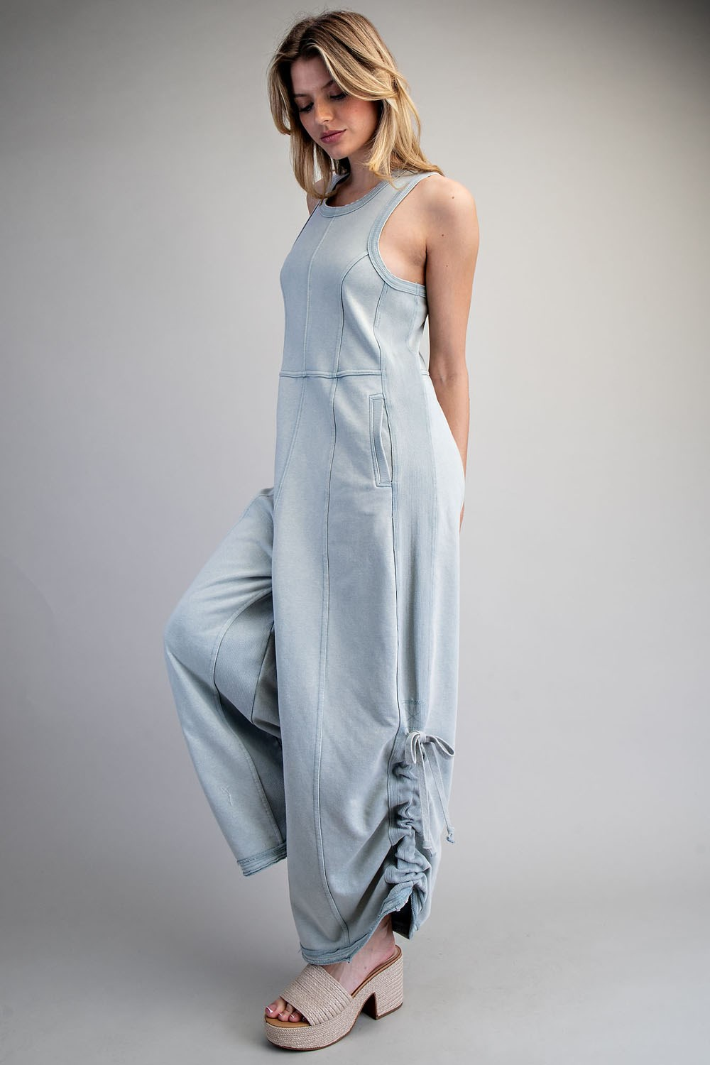 Blue Mineral Wash Cinched Leg Jumpsuit