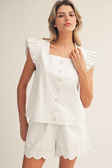 White Scallop Edge Button Down Top