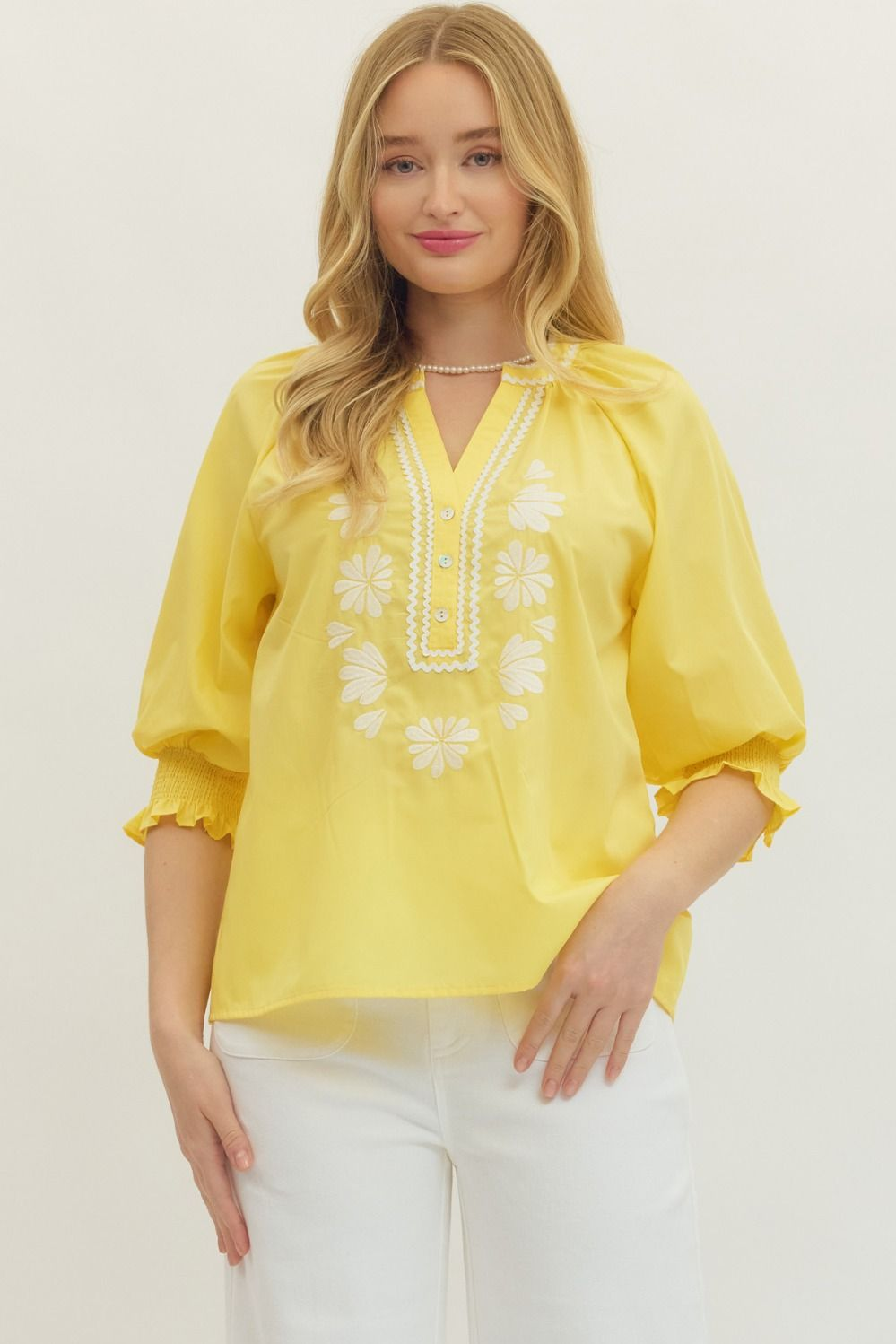 Curvy Yellow Embroidered 3/4 Sleeve Top