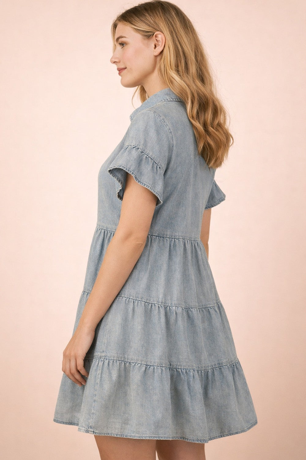 Chambray Ruffled Tiered Shirt Dress