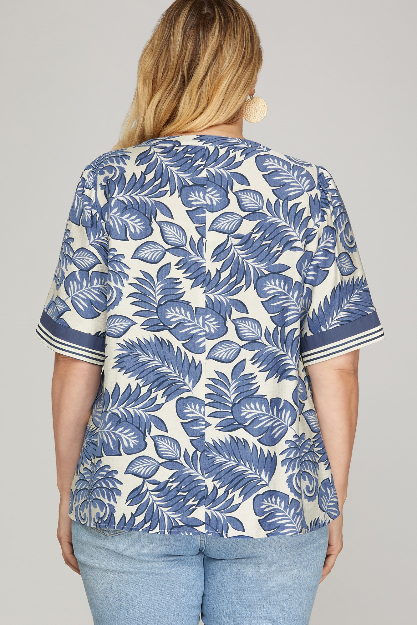 Curvy Blue Printed V-neck Top