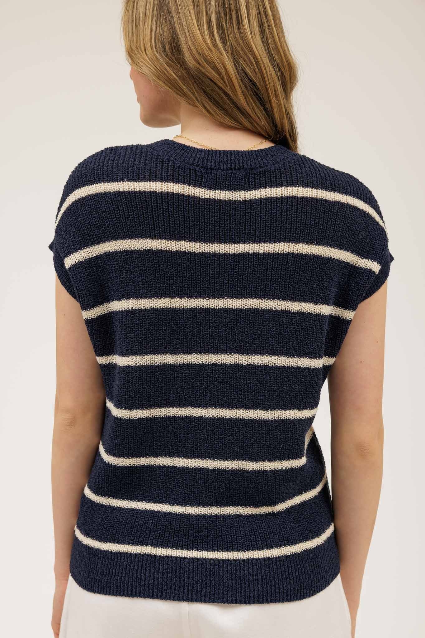 Navy Striped Short Sleeve Knit Sweater