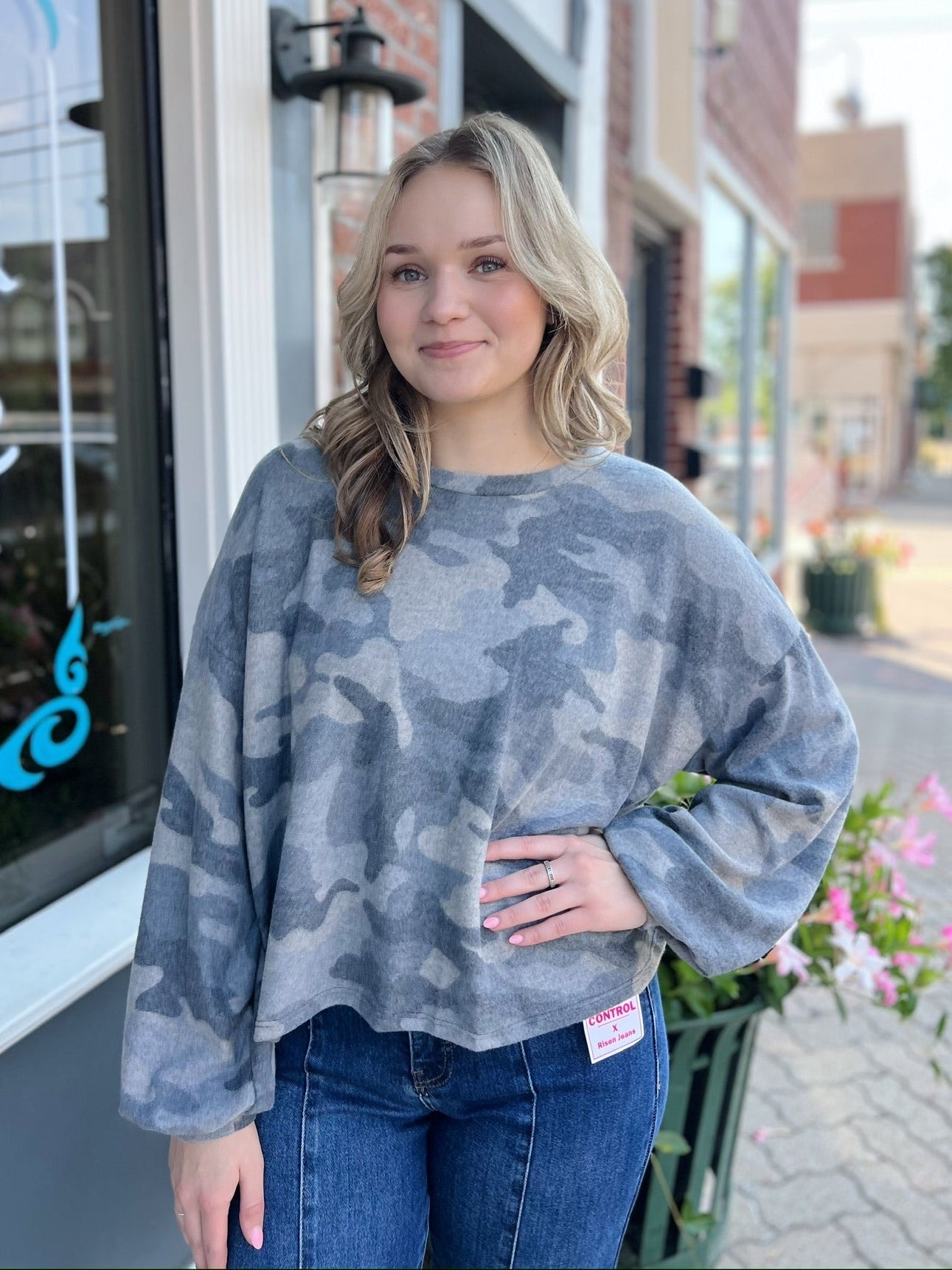 Casual Camo Print Fleece Long Sleeve Top