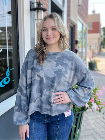 Casual Camo Print Fleece Long Sleeve Top