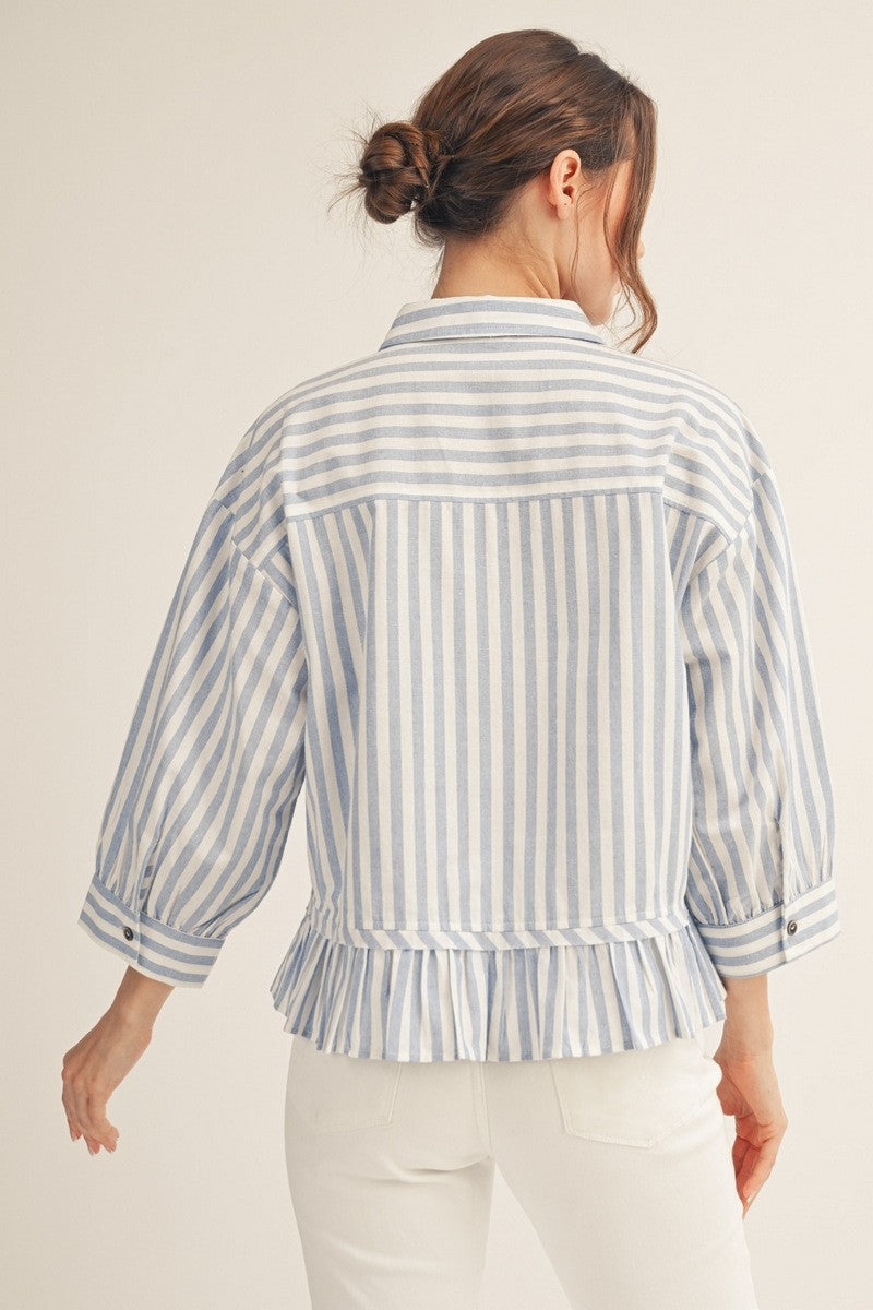 Blue and White Stripe 3/4 Sleeve Pleated Ruffle Hem Top