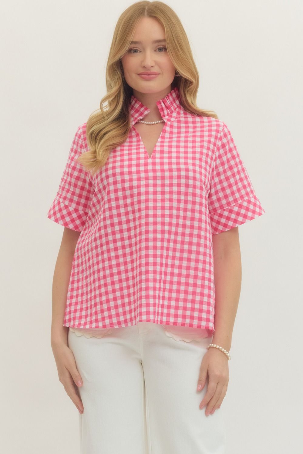 Pink Gingham V-Neck Top