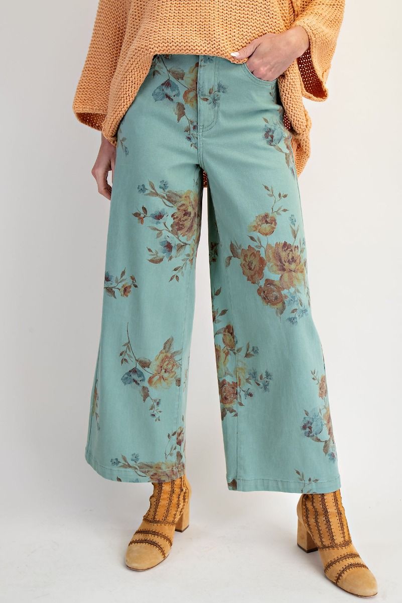 Curvy Mint Floral Wide Leg Pants