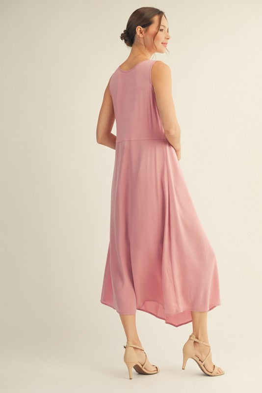 Front Pleat Solid Hi-Low Dress