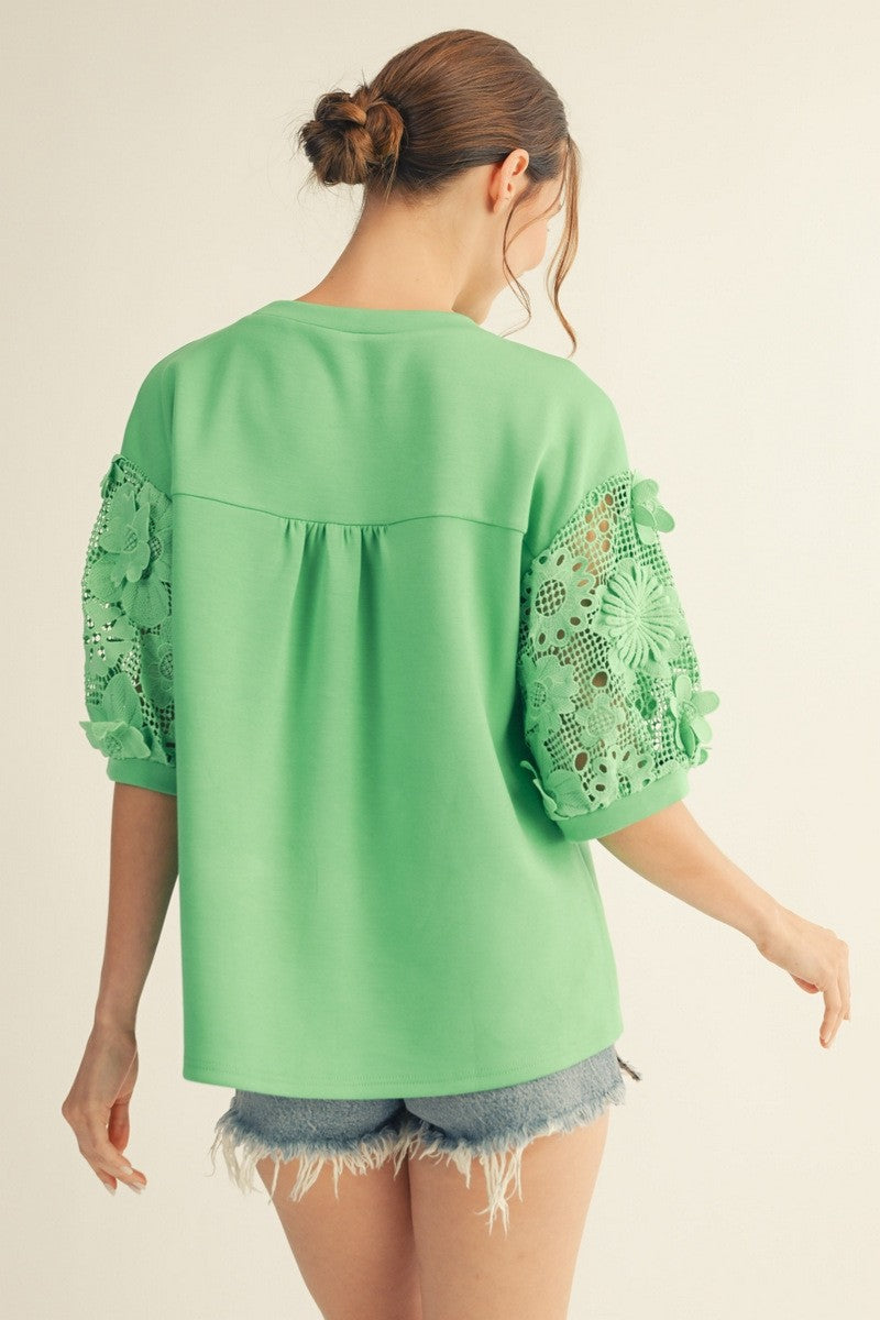Green Lace Short Sleeve Top