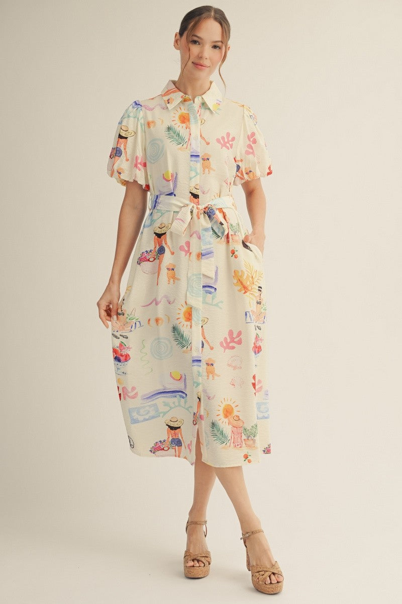 Ivory Button Down Summer Beach Print Dress