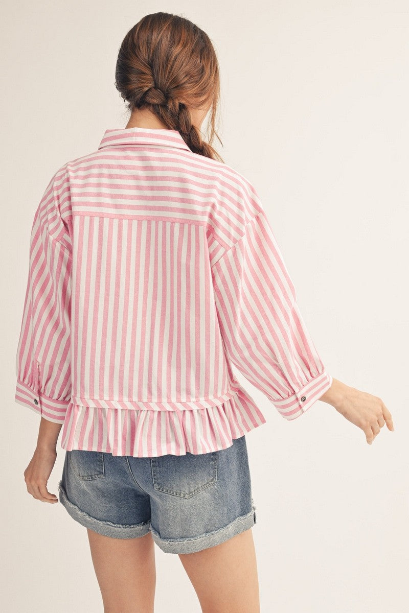 Pink and White 3/4 Sleeve Pleated Ruffle Hem Top