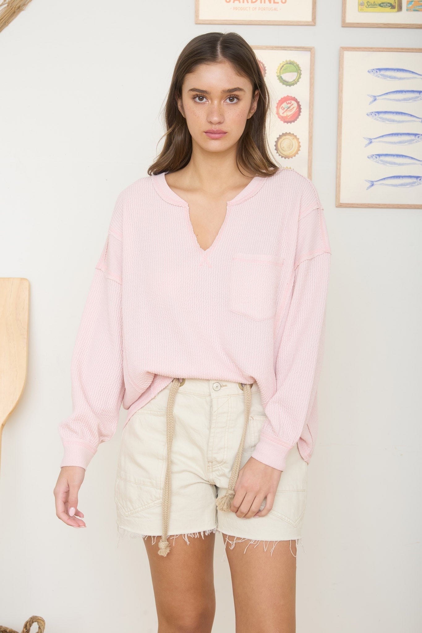 Split Neck Raw Edge Long Sleeve Ribbed Top
