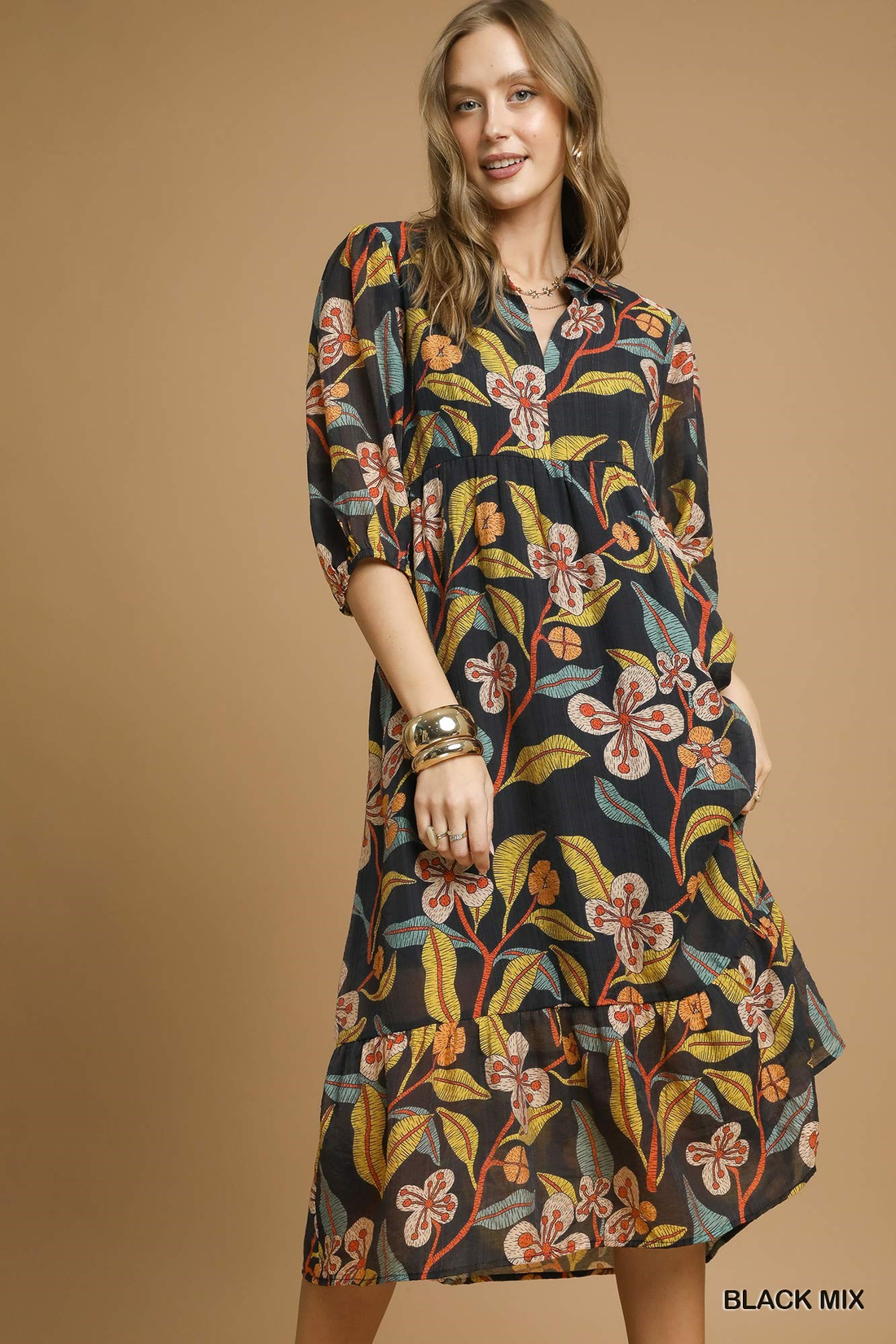 Black Floral Tiered Midi Dress