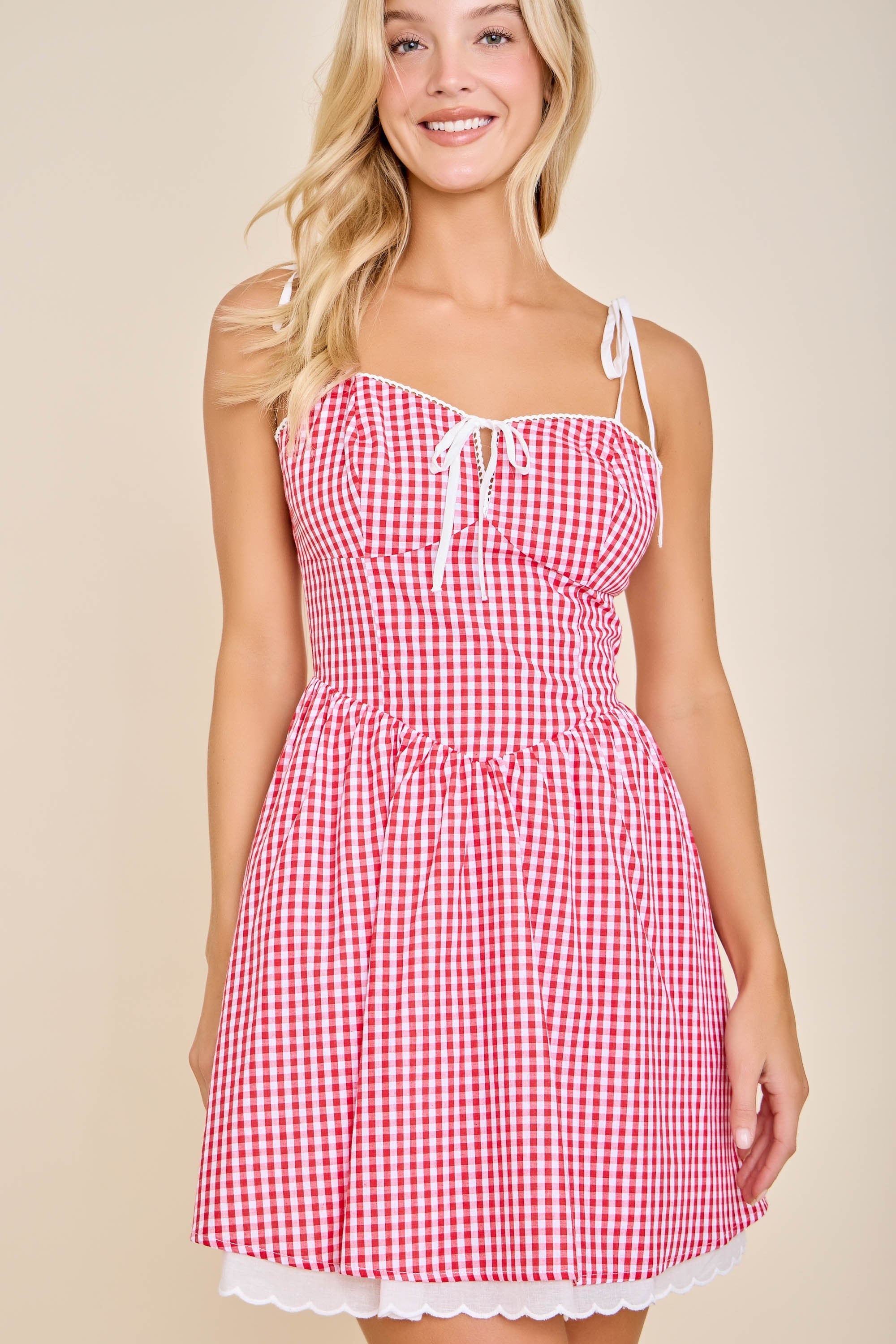 Red Gingham Corset Flare Mini Dress