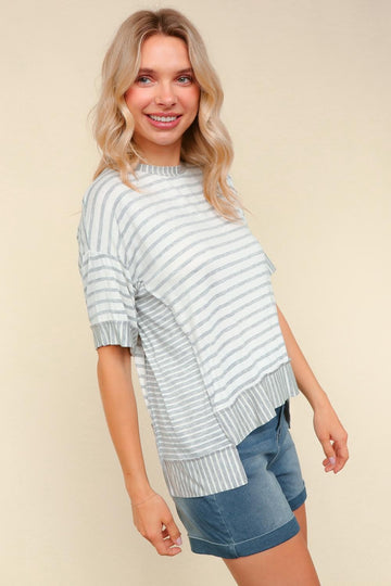 White & Gray Round Neck Short Sleeve Striped Top