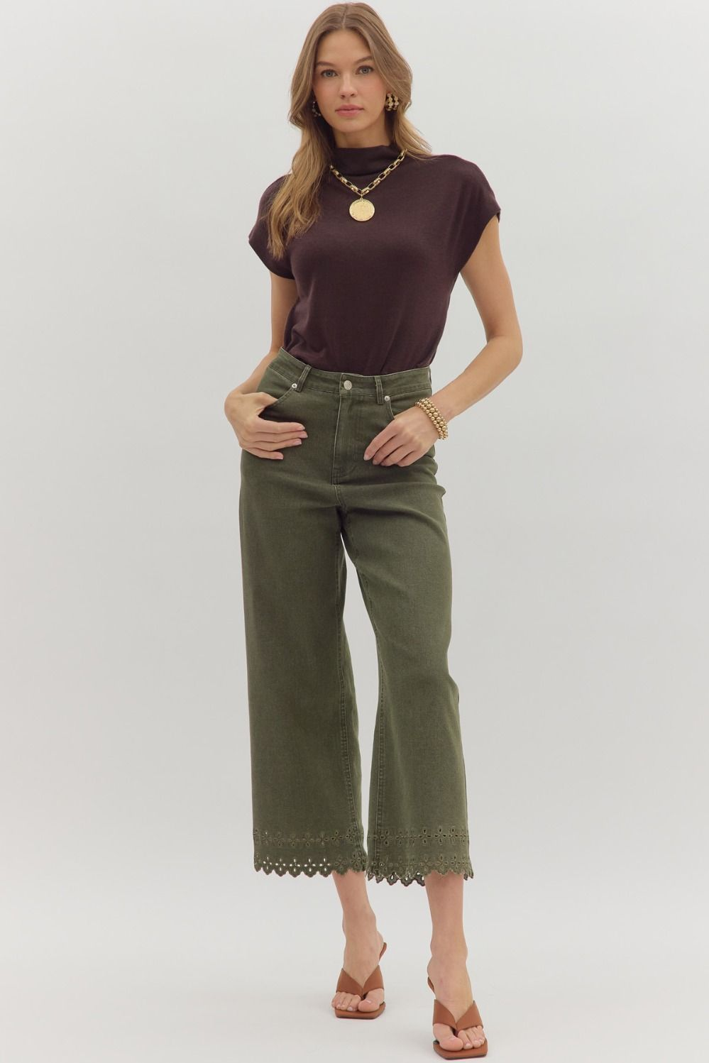 Olive High Waist Crop W/ Floral Embroidered Hem