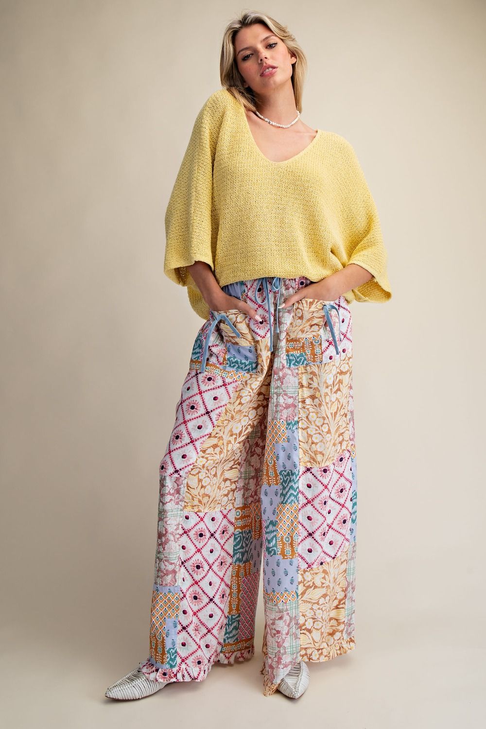 Patchwork Wide Leg Ruffle Hem Pants