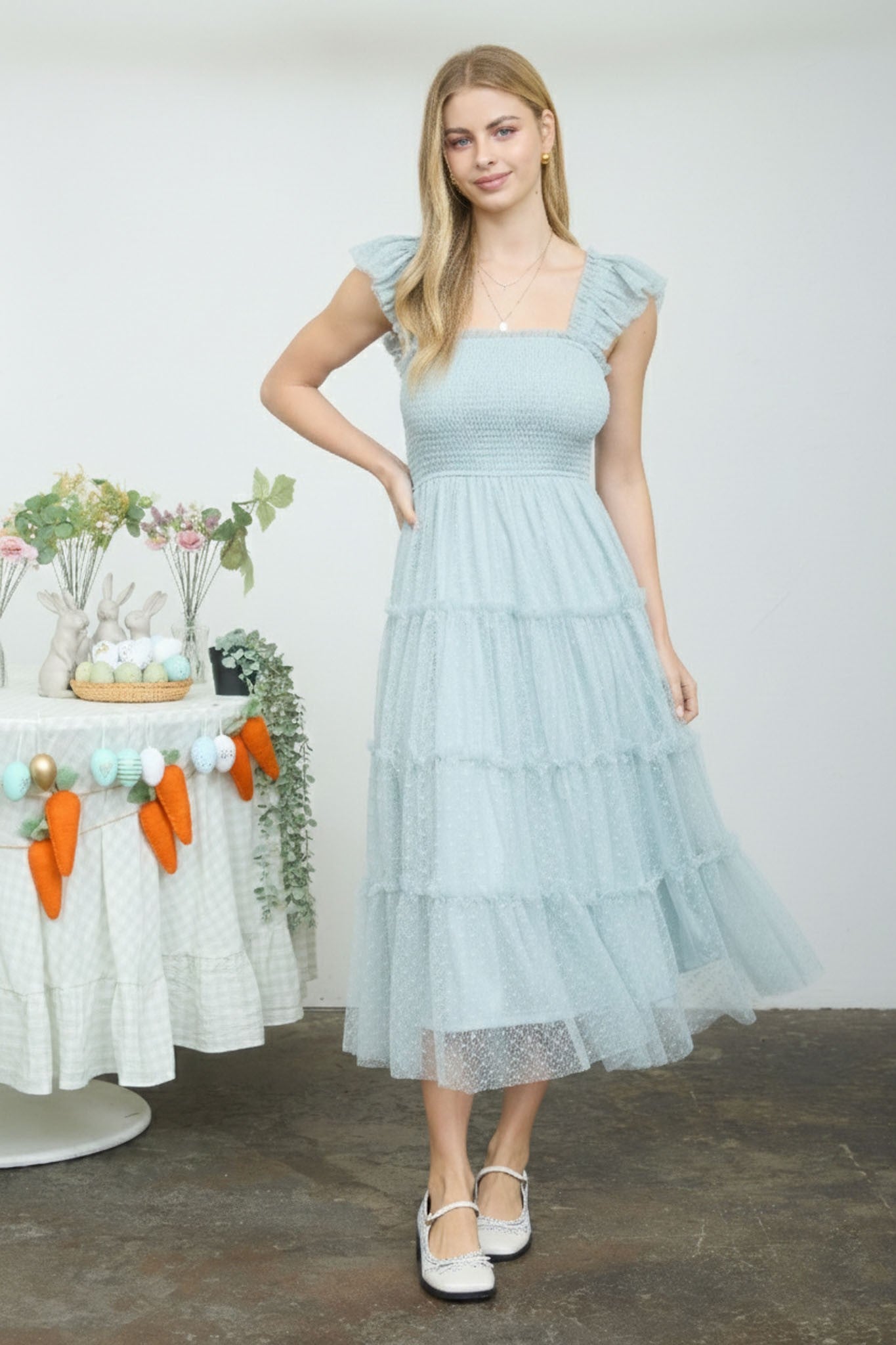 Polka Dot Print Tulle Tiered Midi Dress