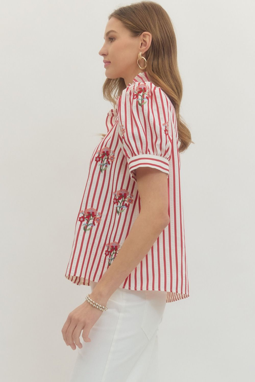 Red Striped Button Down Embroidered Top