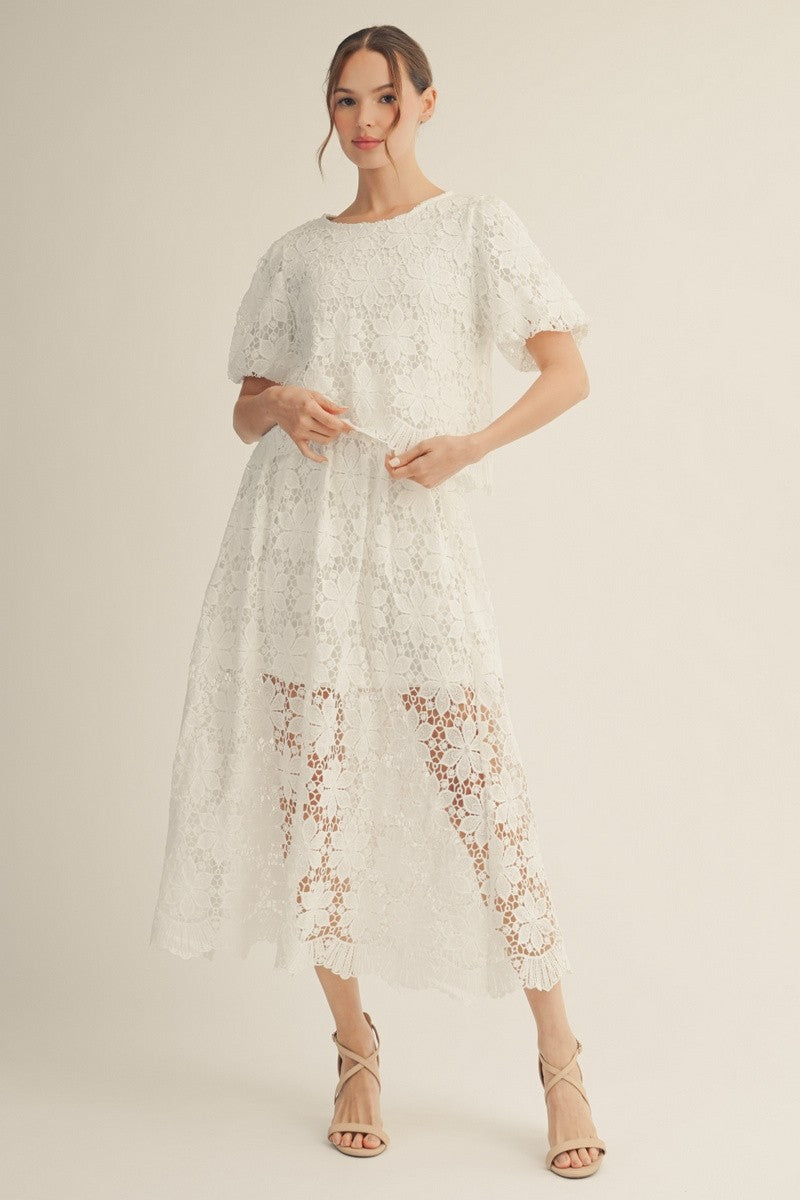 White Elastic Waist Scalloped Lace Skirt