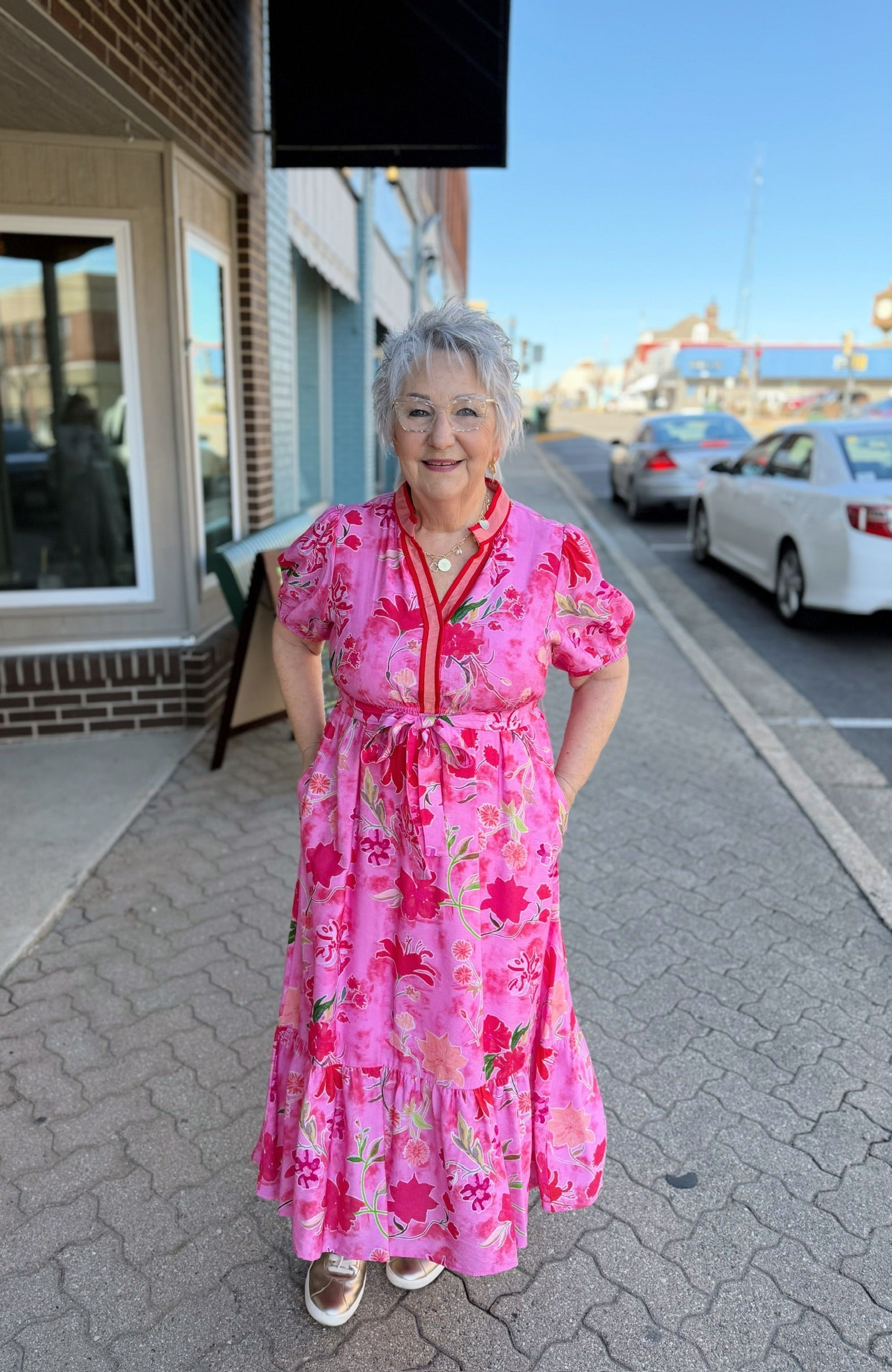Pink Floral V-Neck Elastic Waist Midi Dress