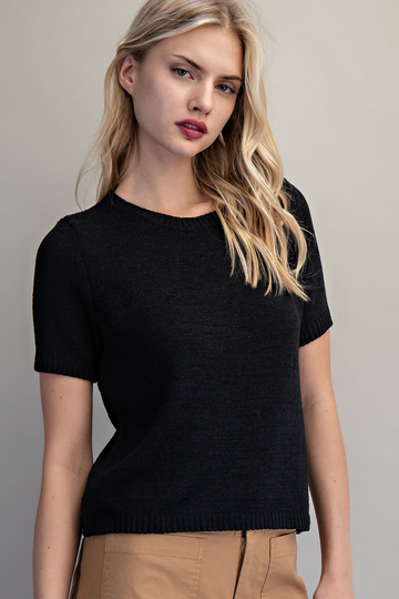 Black Short Sleeve Round Neck Sweater
